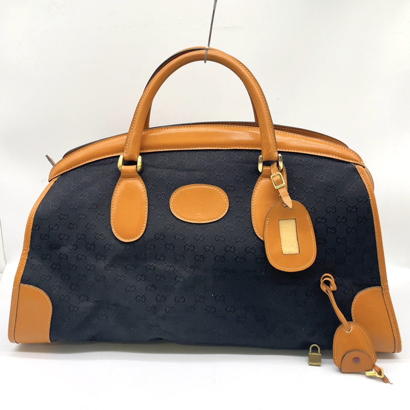 Gucci GG Canvas Leather Black Brown Boston Bag W/Lock NS020039