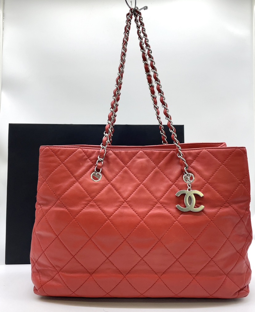 Auth Chanel Coco Mark Matelassé Red Leather 2-way Bag SV W/Bag NS020445